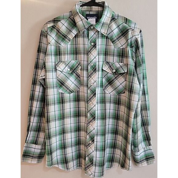 Wrangler Western Shirt mens long sleeve size‎ Medium green plaid pearl snap - Picture 7 of 9